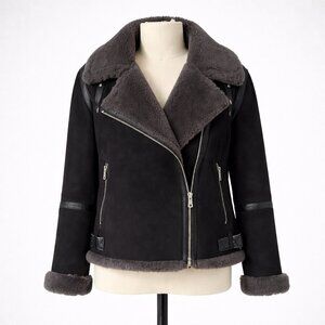 Zara Black Faux Shearling Double Faced Biker Jacket